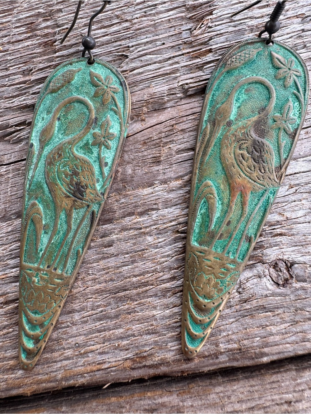Vintage Patina Crane Teardrop Earrings - Green and Brass Tones